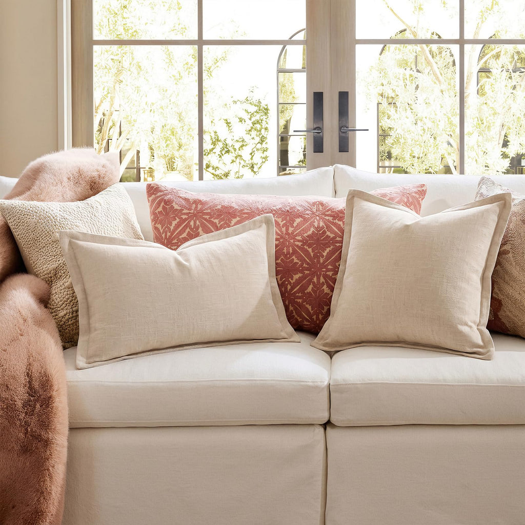 2 Pcs Linen Natural Lumbar 12x20 Inch Flange Throw Pillow Cover