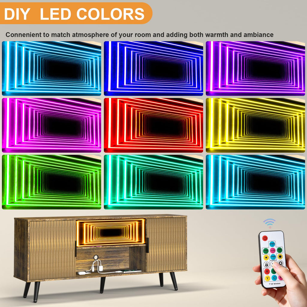 55" Fluted Small Amber TV Stand with Outlet & Fireplace Light