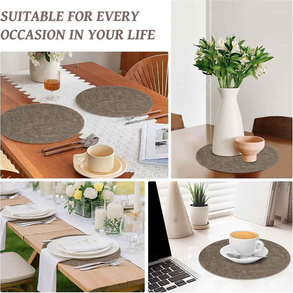 13" Round Placemats, Reversible Faux Leather Wipeable Table Mats - Set of 6