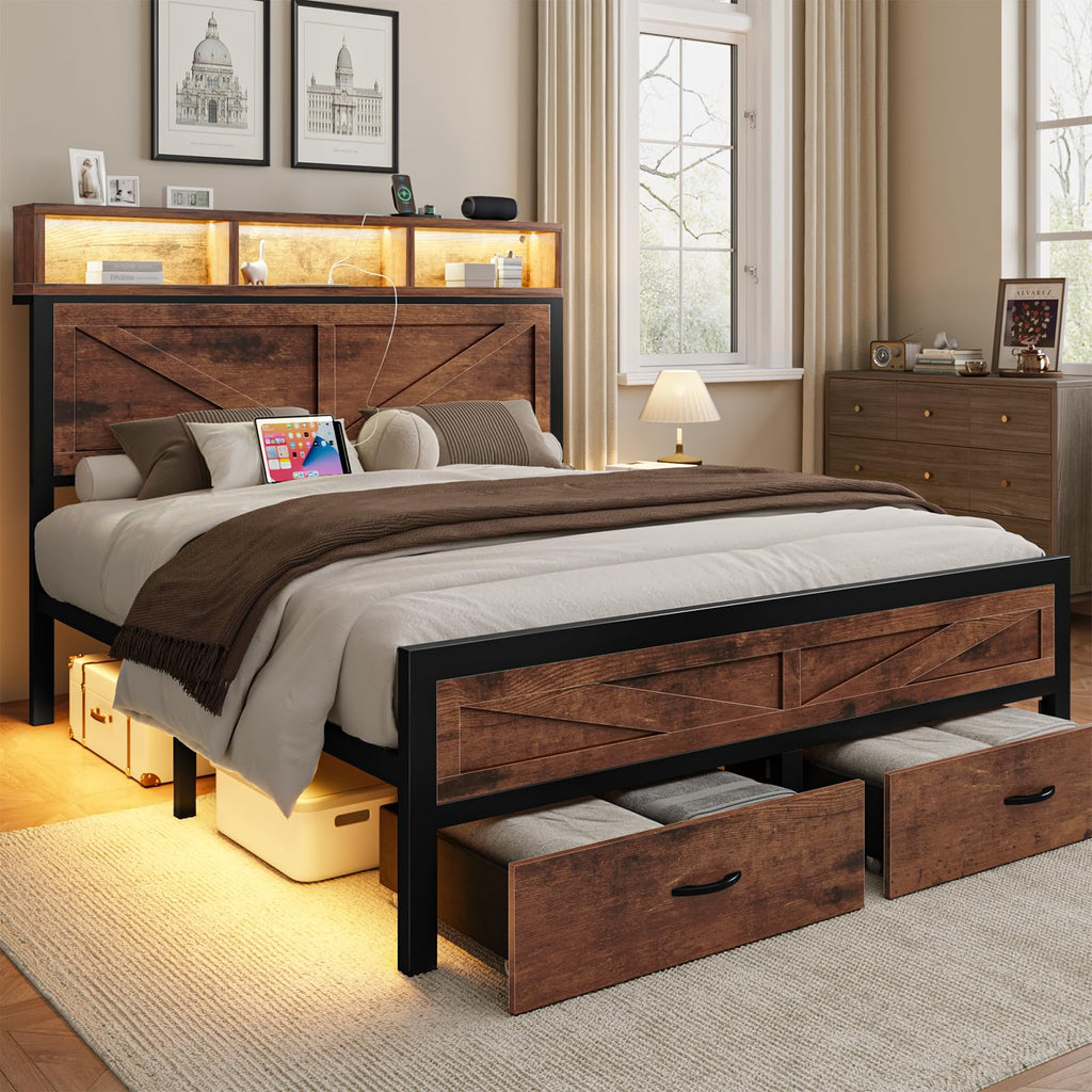 Rustic Bed Frame with Storage Drawers, Farmhouse LED Bed Frame with Barn Door Headboard and Charging