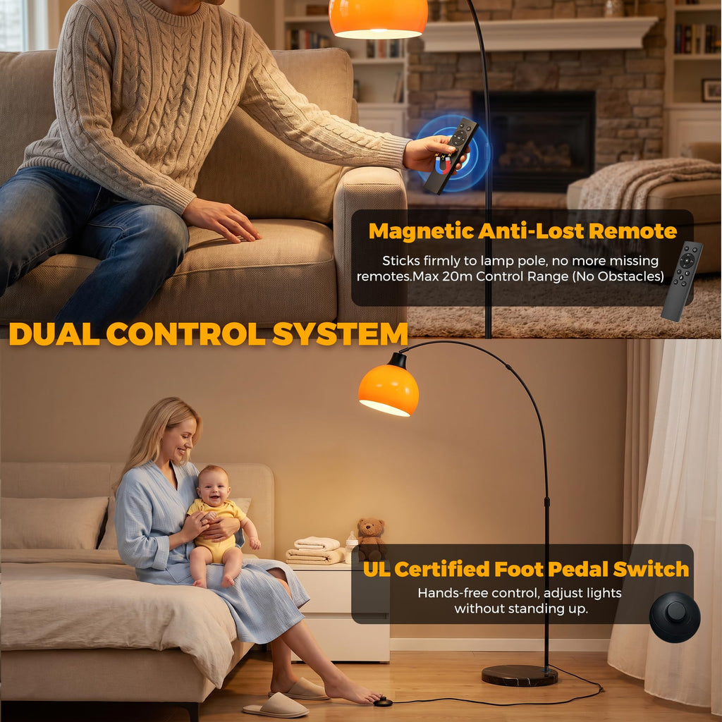Inspired Arco Style 75" Orange Arc Floor Lamp, Dimmable Standing Lamp with Remote, LED Bulb