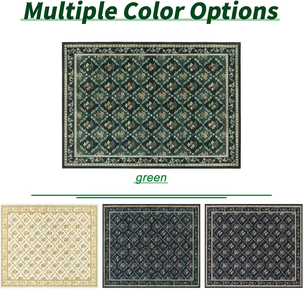 Green Floral Rugs 8x10 Area Rugs, Non Slip Stain Resistance Washable Vintage Large Area Rug, Low Pile Checkered