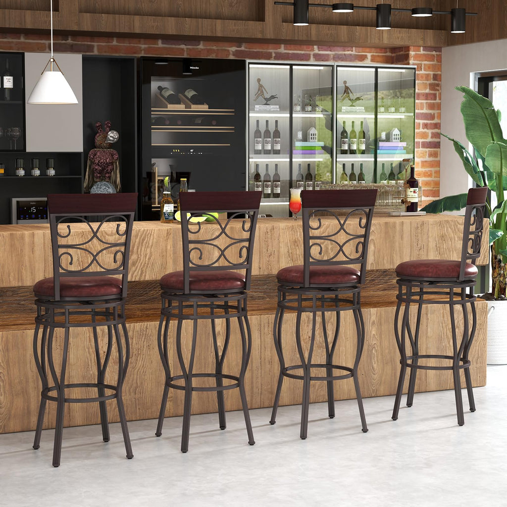 30 Inches Bar Height Bar Stools Set of 4, 360 Degree Swivel Retro Tall Metal Barstools with Leather Padded Seat and