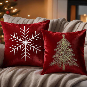 Christmas Pillow Covers, Red, Snowflake and Xmas Tree - Set of 2