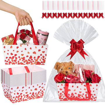 12 Pack Valentine's Day Baskets for Gifts Empty Love Heart Gift Basket with Handles, Pull Bows, Cellophane Bags and