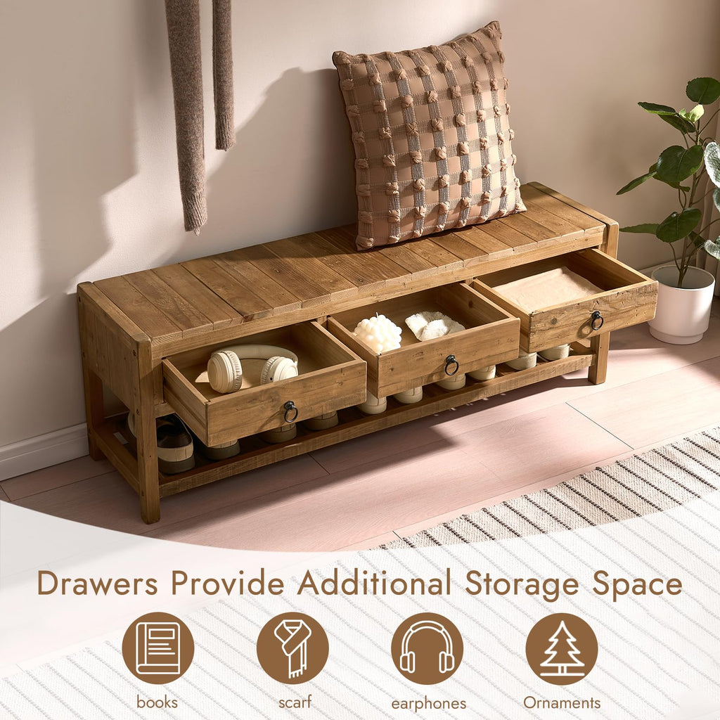 45.2" Reclaimed Solid Wood Entryway Bench with 3 Drawers & Shelf