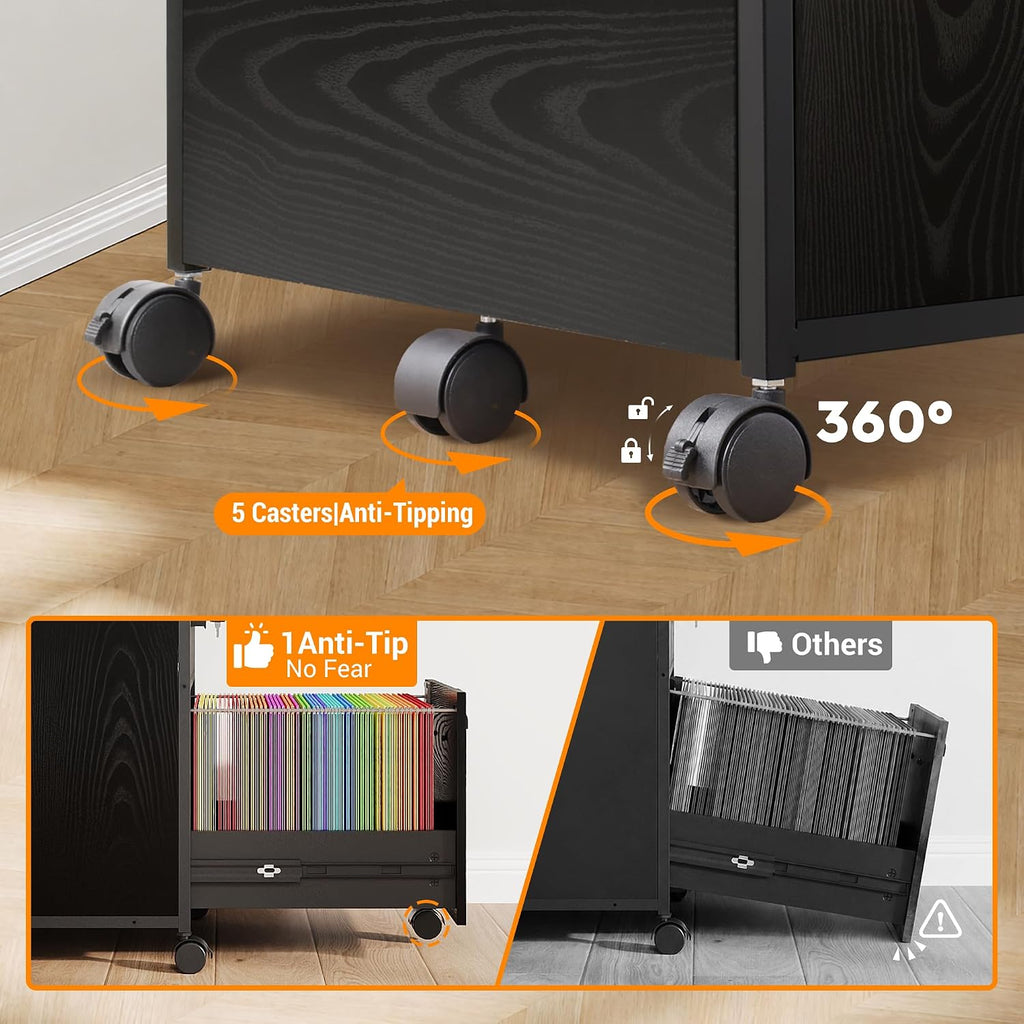 2 Drawer File Cabinet with Lock and Charging Station | Wood Filing Cabinet fits A4 or Letter Size, Mobile Printer