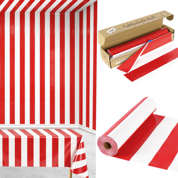 X 54IN Carnival Red & White Striped Tablecloth Roll with Cutter Box