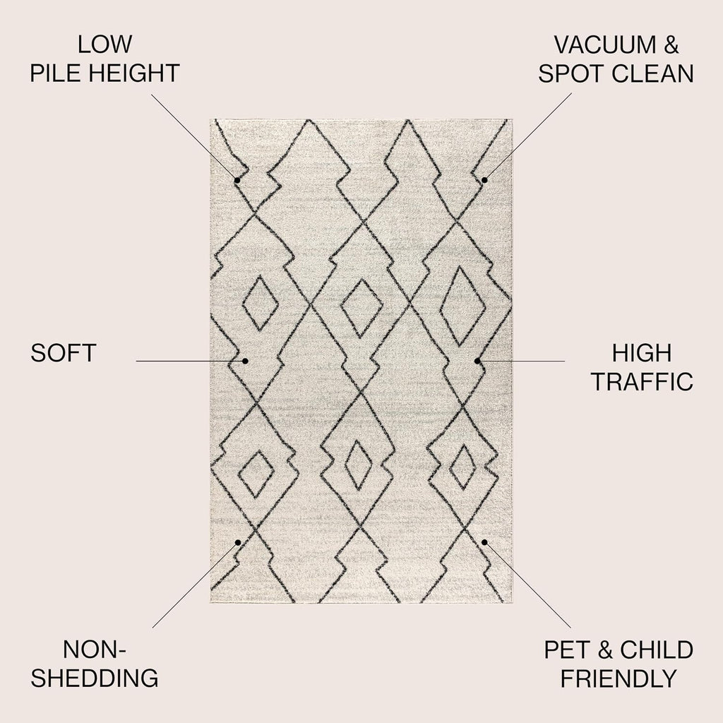 Alia Moroccan Beni Souk Cream/Black Indoor Area Rug, Bohemian, Scandinavian, Easy-Cleaning, Pet Friendly
