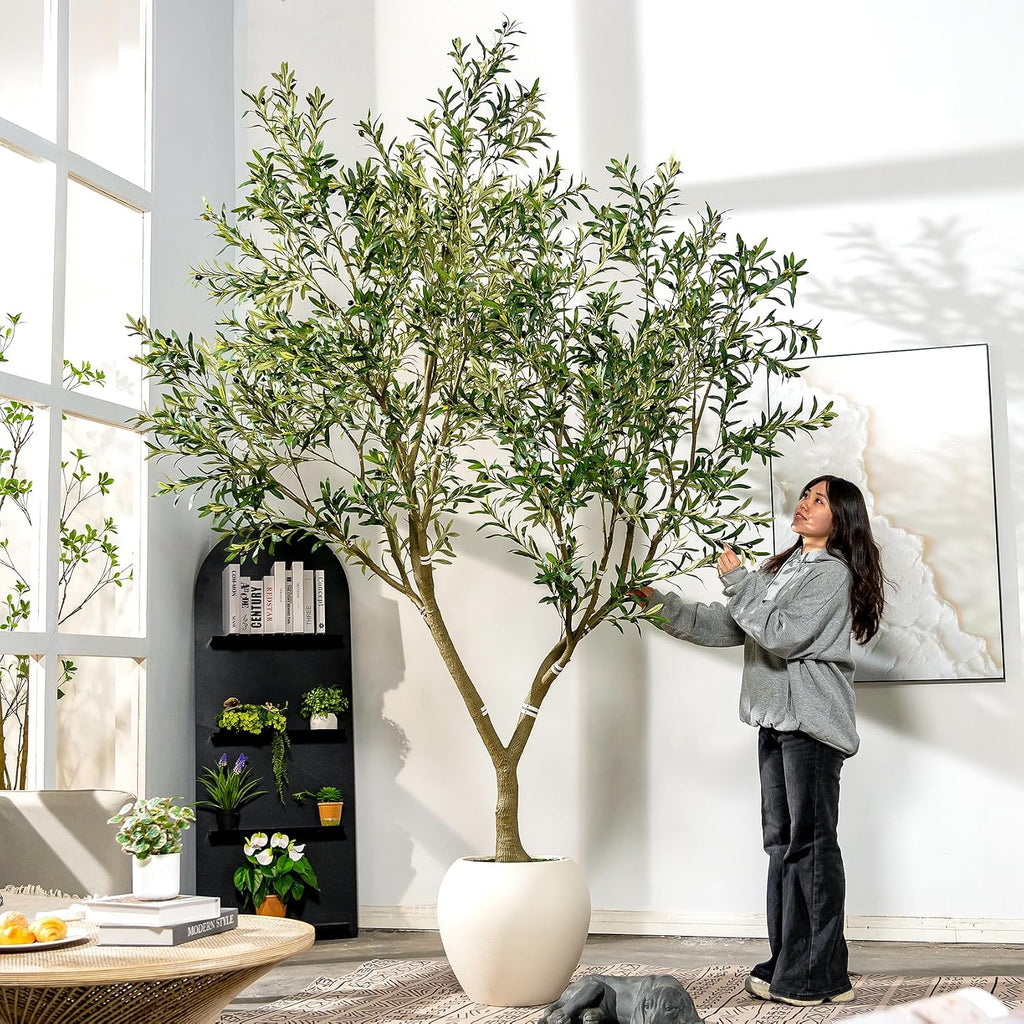 10ft Faux Olive Tree with White Pot & Moss, Artificial Olive Tree Indoor Outdoor, PE/PVC Leaves, Realistic Resin