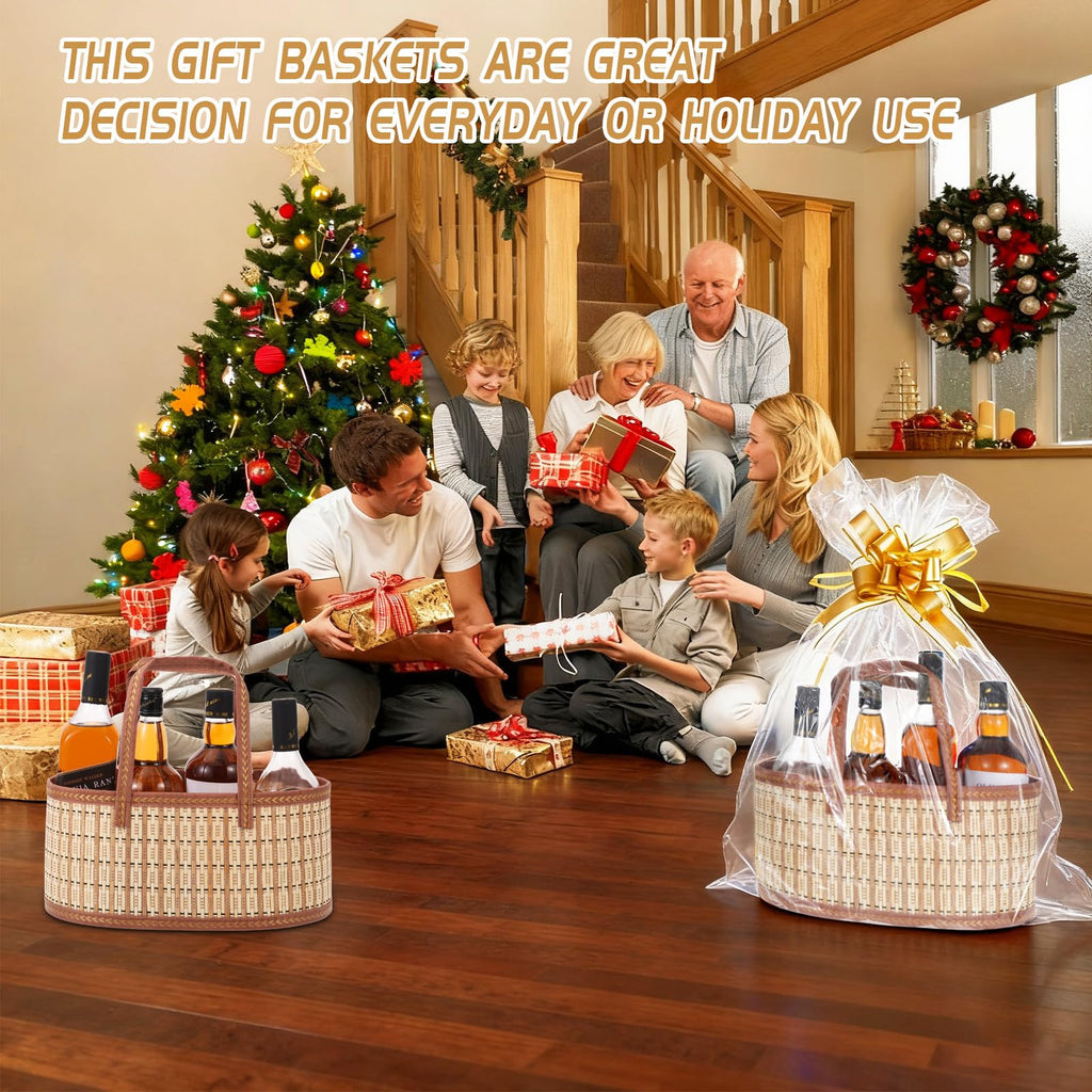 4 Set Baskets for Gifts Empty, Large Gift Empty Bamboo Basket with Handles, Foldable Woven Gift Basket with Wrap