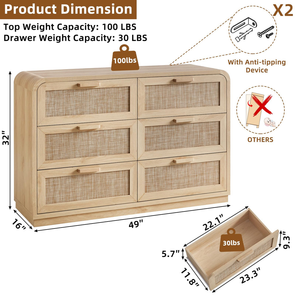 Rattan 6 Drawer Dresser, Natural Wood