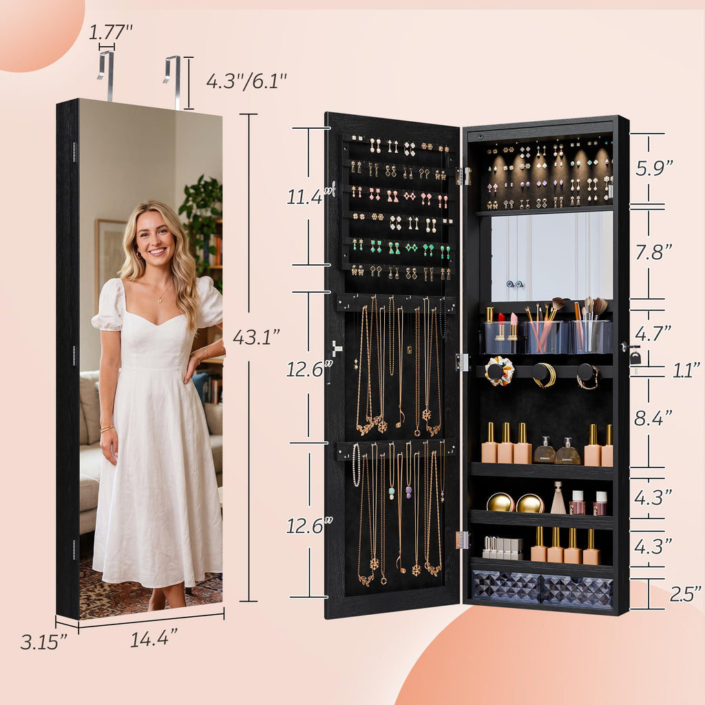 Mirror Jewelry Cabinet, Lockable Wall or Door Mounted Jewelry Armoire Organizer With Built-up Mirror, LED Lights