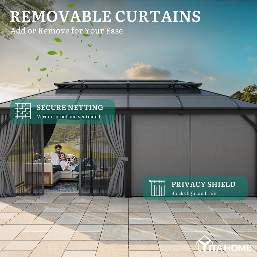 12x20FT Gazebo Polycarbonate Hardtop Double Roof Canopy Outdoor with Netting and Shaded Curtains