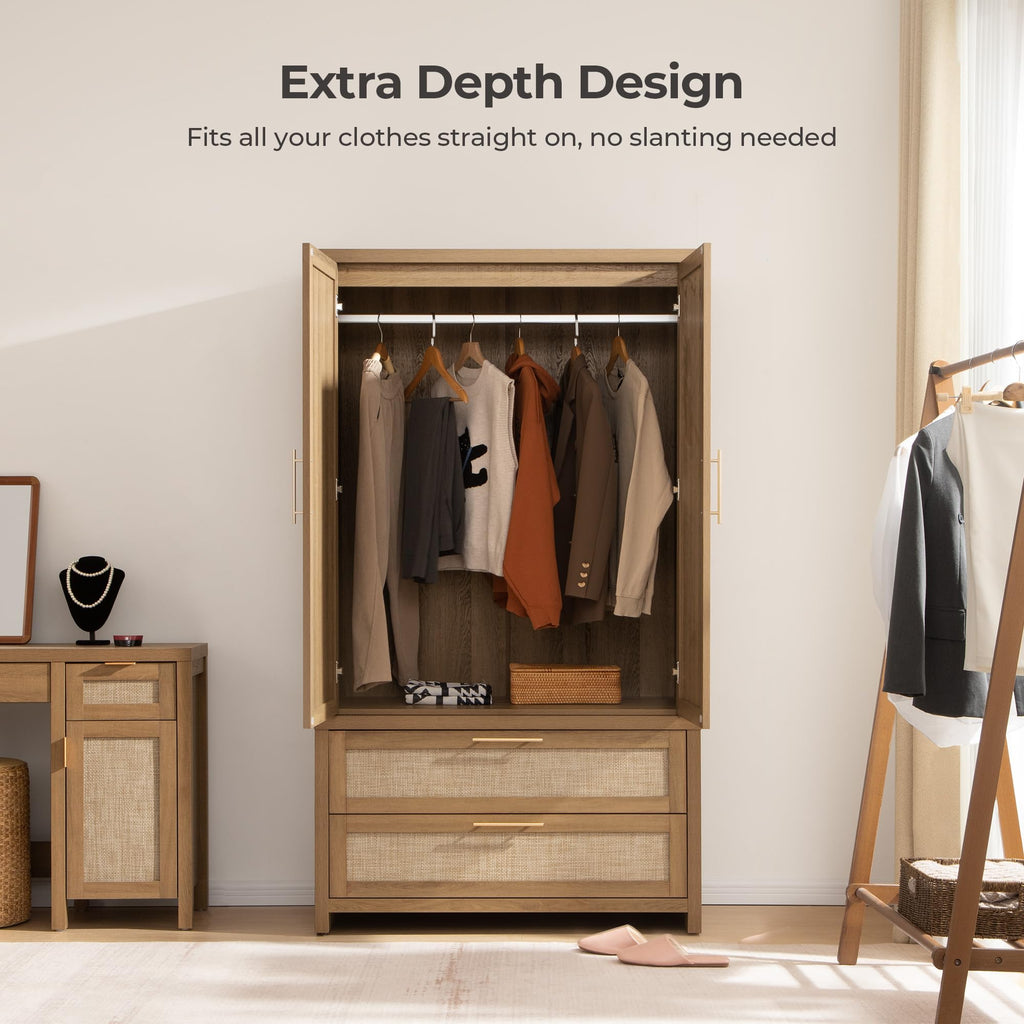 71 inch Armoire Wardrobe Closet, Rattan Boho Wardrobe with Drawers