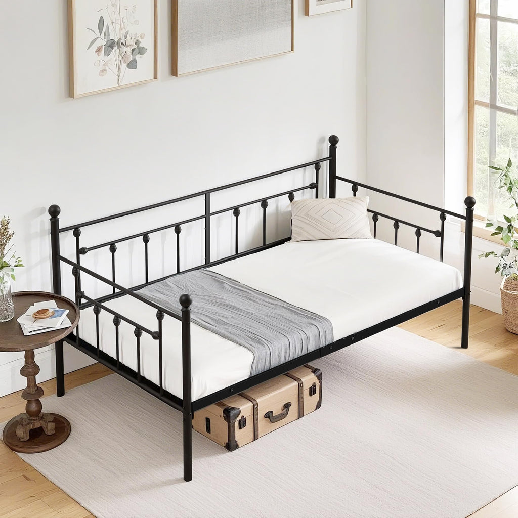Daybed Frame, Twin Size Metal Platform Bed with Headboard, Heavy Duty Steel Slats Support Bedroom Guest Room, Easy