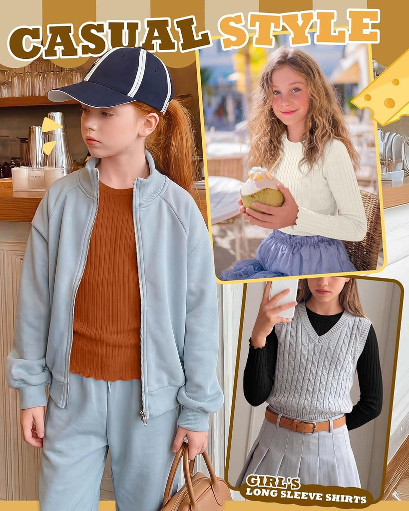 4 Pack Girls Long Sleeve Shirts Kid Cotton Ribbed Top