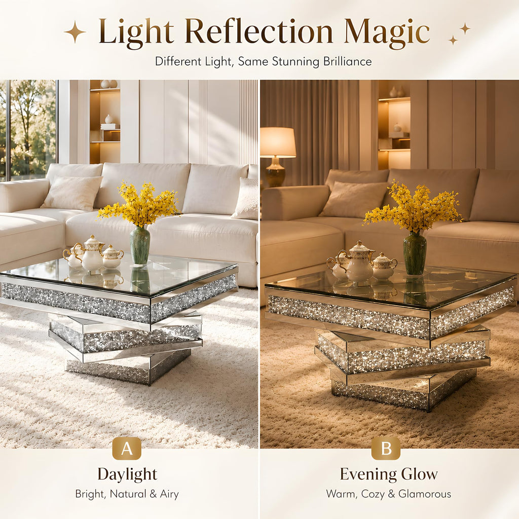 Mirrored Coffee Table with Crushed Diamonds, 31.5" Square Glass Center Table, Drop-Tested Shatterproof Packaging