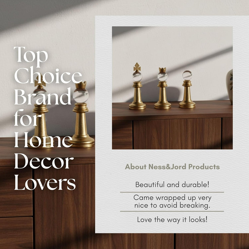 Turin Gold Chess Pieces- Metal & Glass Decorative Art with White Orb Tops and Metal Finish - Modern Home - Set of 3