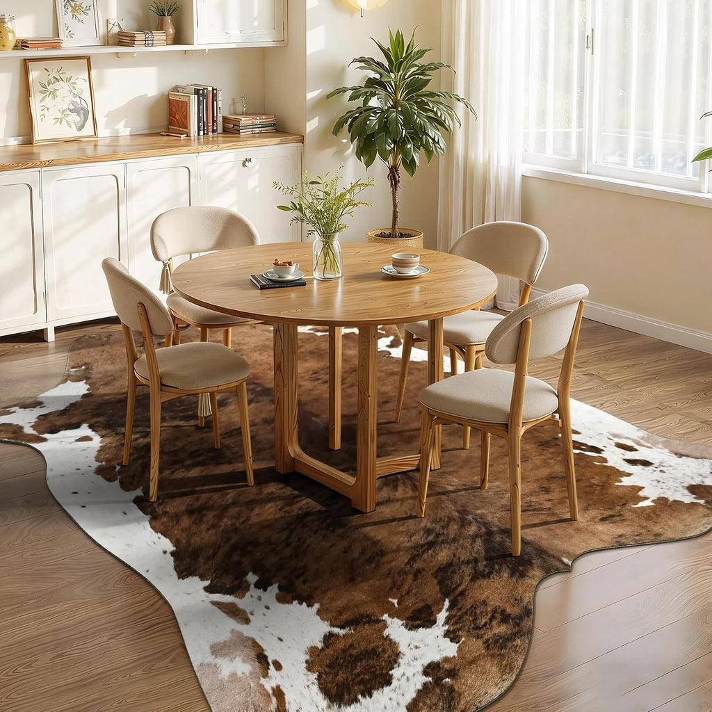 Faux Cowhide Print Rug, Brown Western Animal Cow Hide Rugs, Non Slip Cool Cow Skin Carpet Dining Room