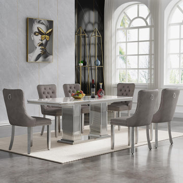 White Marble Dining Table Set for 6, 68 inch White Marble Table with Silver Double Column Stainless Steel Base, Faux