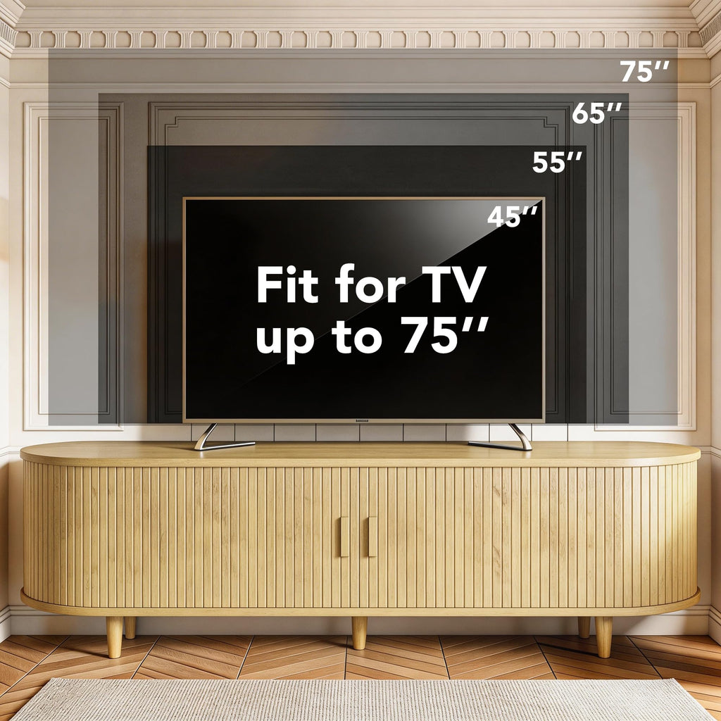 65" TV Stand with Sliding Doors, Mid Century Modern Entertainment Center, TV Console with Fluted Door Cabinets and