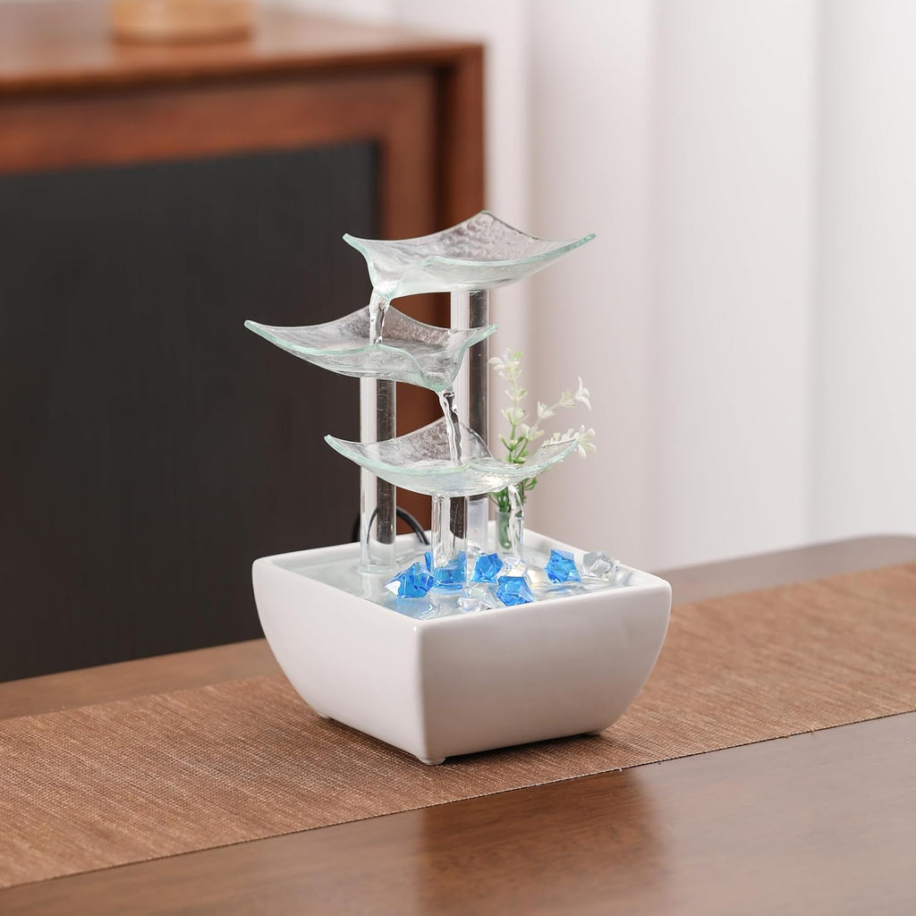 Ceramic and Glass Tabletop Fountain and Home Decoration Table Desk Office Patio White