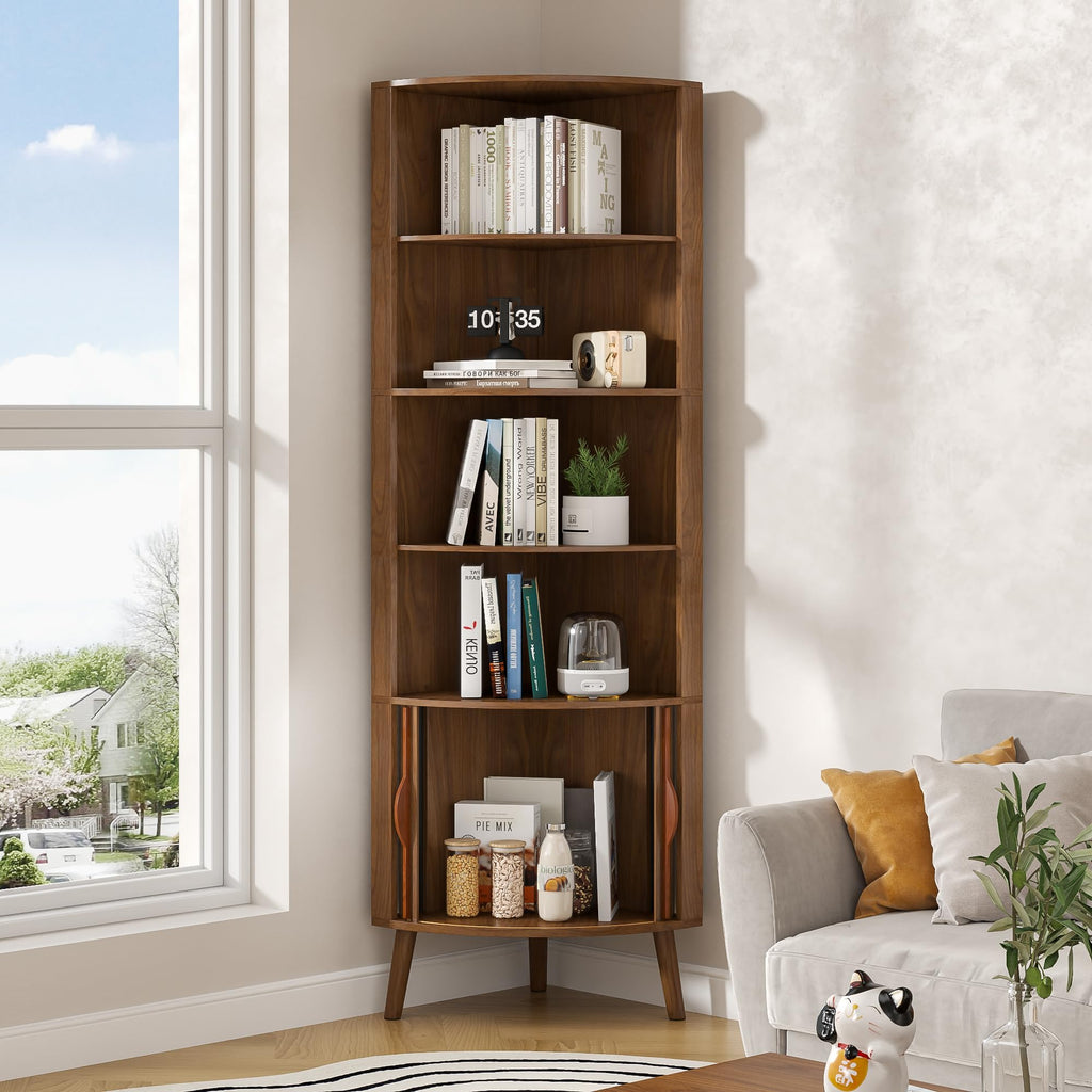 66'' Tall Corner Bookshelf with 2 Fluted Sliding Doors, Walnut