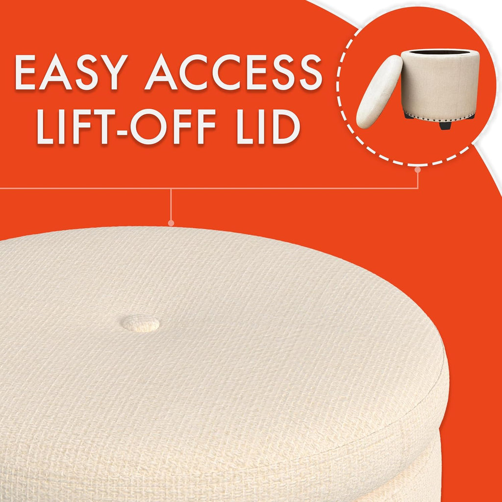 18.5" Round Storage Ottoman with Nailheads - Cream Woven