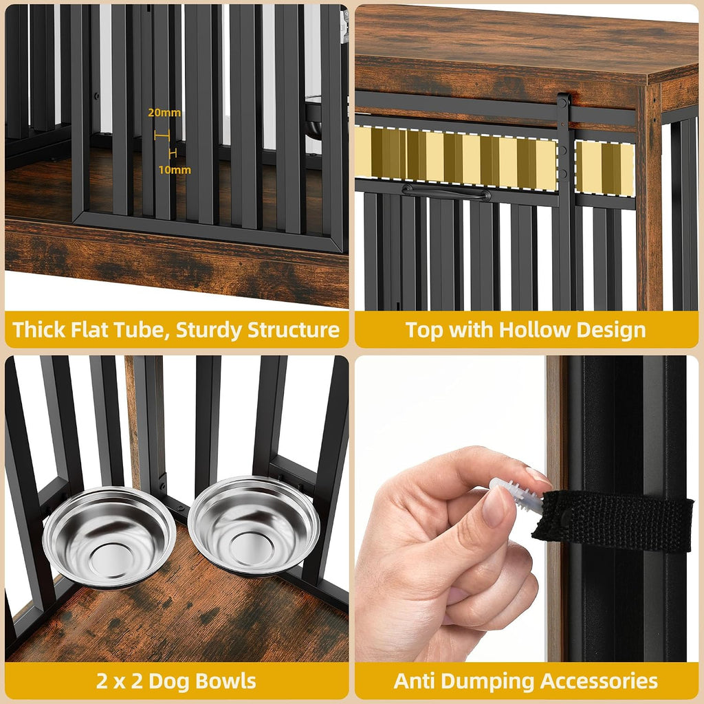 Double Dog Crate Furniture with 4 Dog Bowls