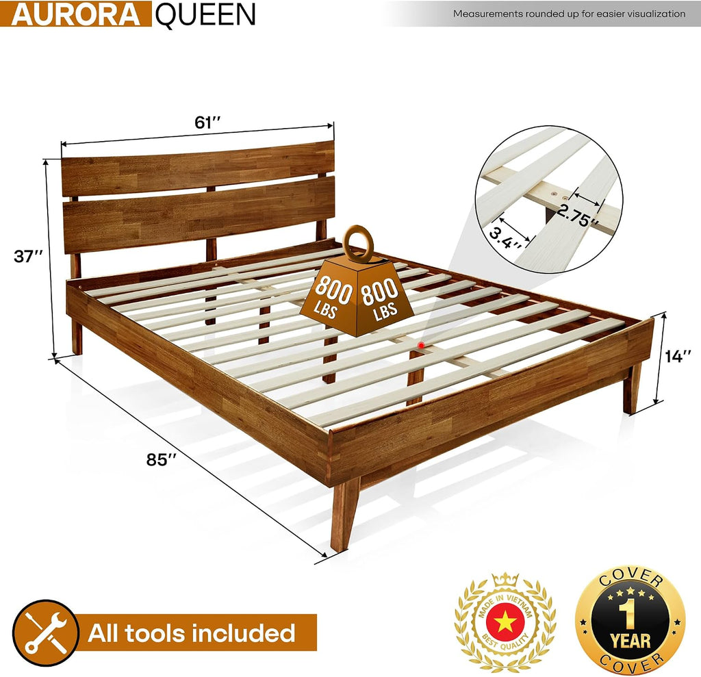 Aurora Solid Wood Queen Platform Bed Frame with Headboard, Walnut