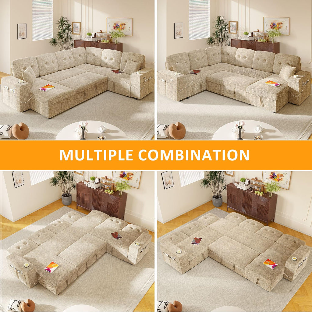 Modular Sectional Sleeper Sofa with Pull Out Bed, 108 Inch U Shaped 7 Seat Couches, Chenille Fabric Cloud Couch Bed