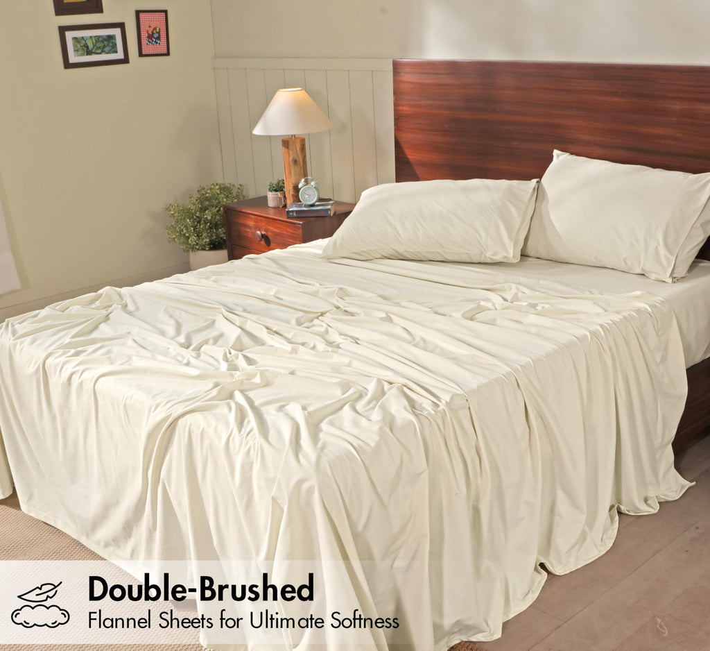 Flannel Sheets Full Size, 4 Pcs Ultra Soft Bed Set, Vanilla Cream