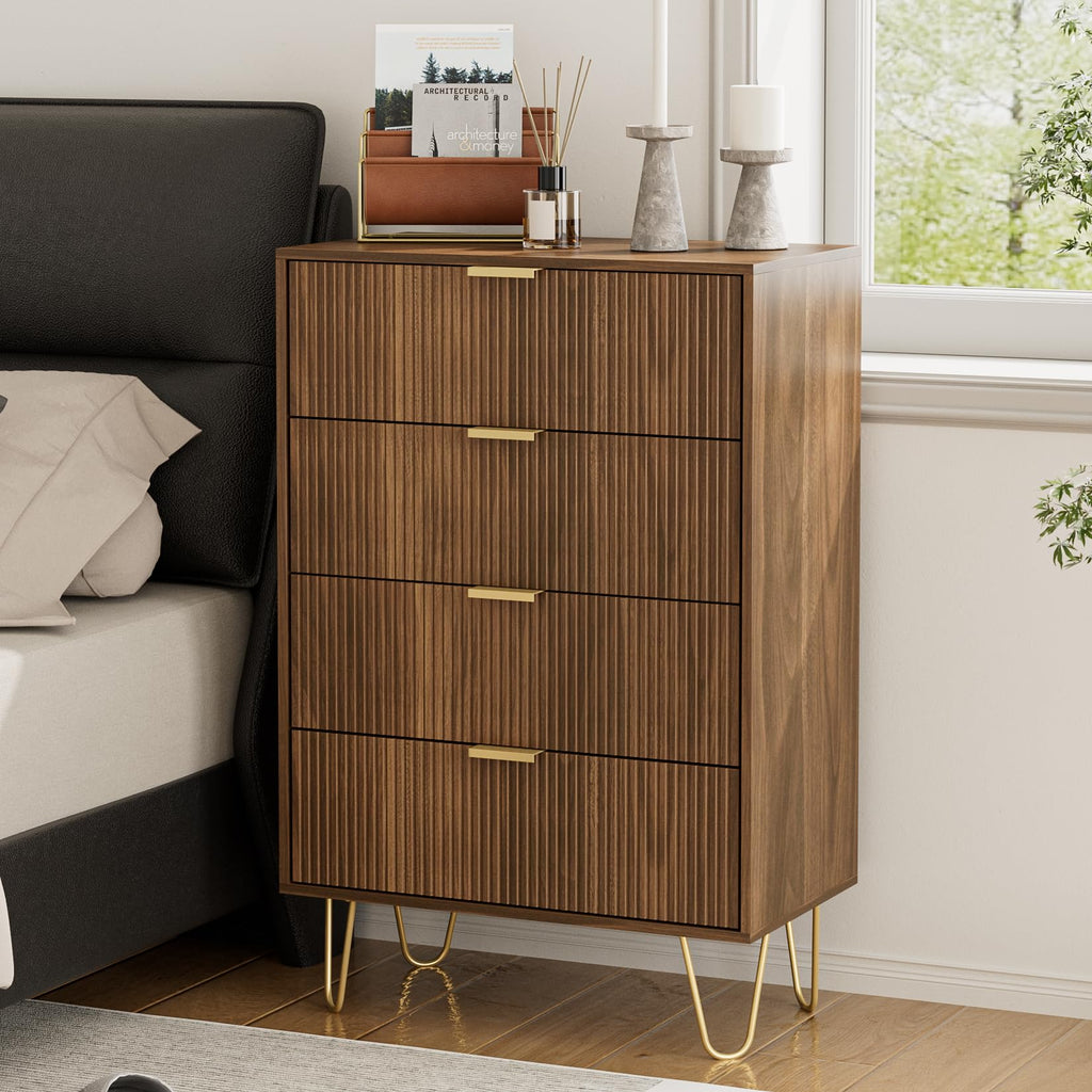 4 Drawer, Drawer Chest, Tall Storage Chest Cabinet Organizer Unit with Gold Metal Legs, Nightstand, Closet, Hallway