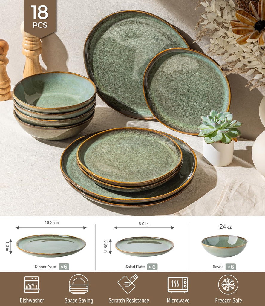 Stoneware Dinnerware Sets for 6, 18 Piece Rustic Plates and Bowls Set