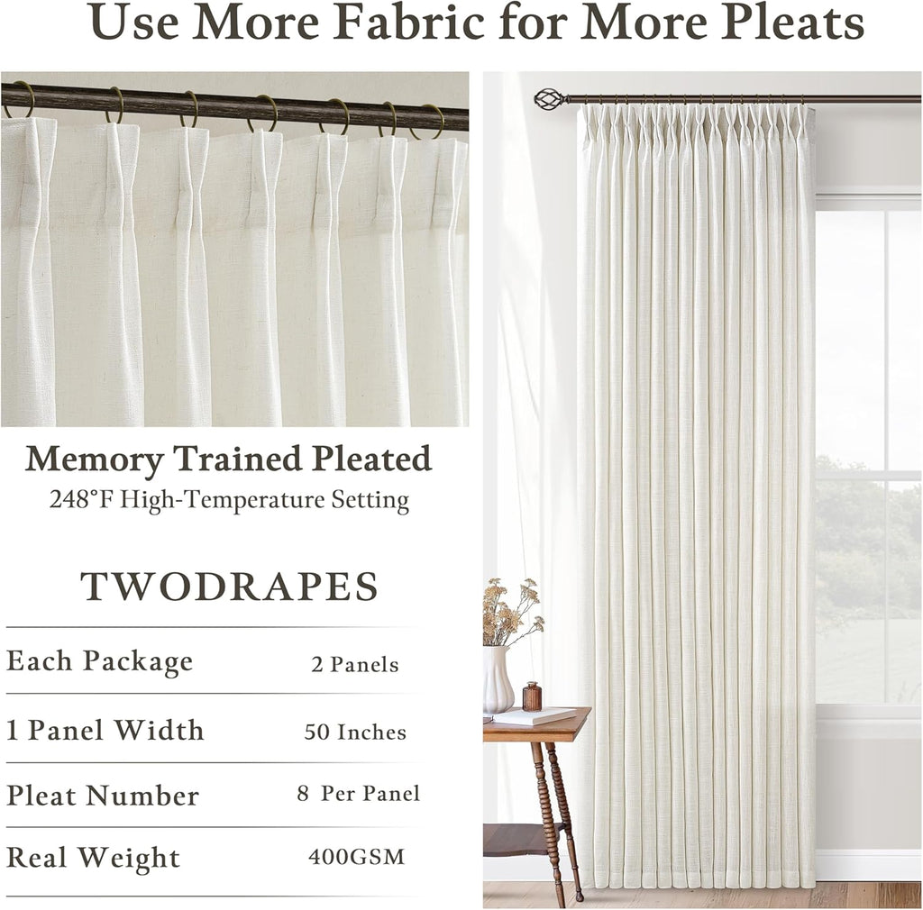 Pinch Pleated 90 Inch Linen Curtains 2 Panels Set for Living Room Pinch Pleat Drapes Track System Memory Trained