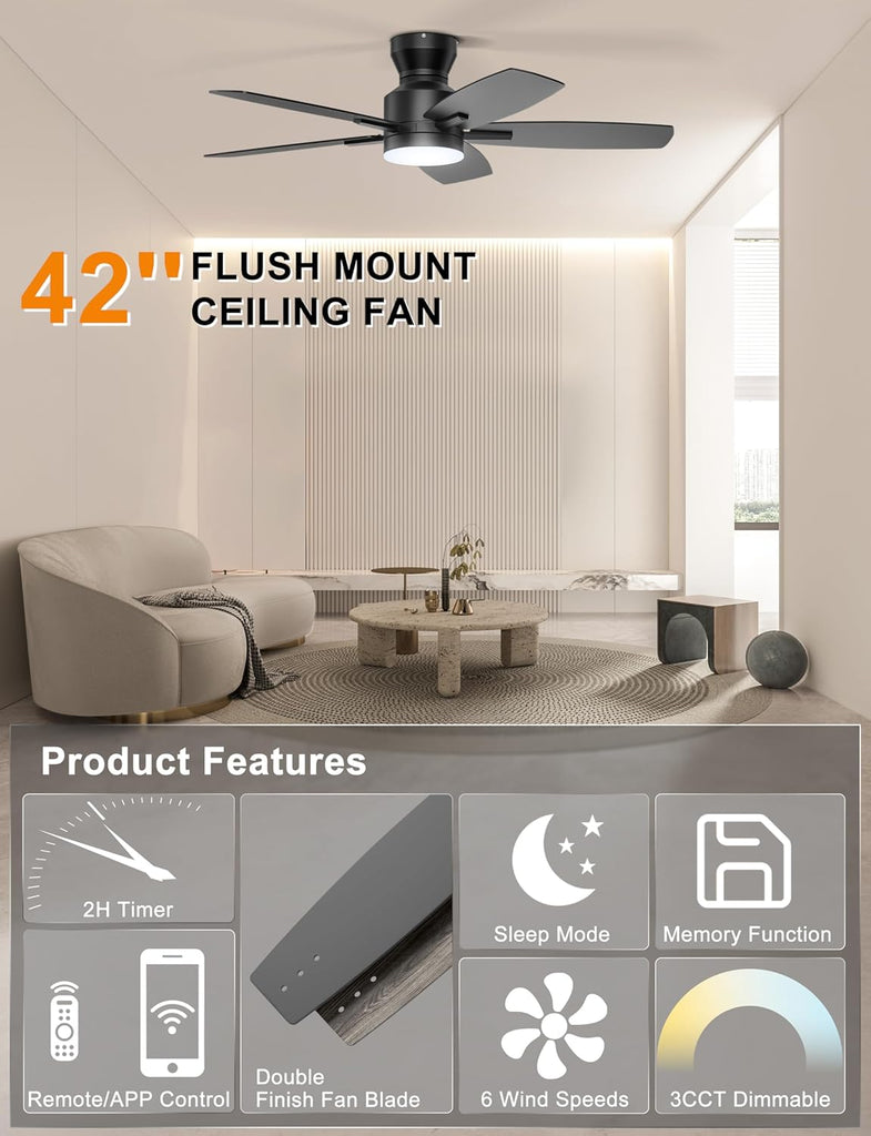 42'' Low Profile Ceiling Fan with Lights, Remote/APP Control, Black