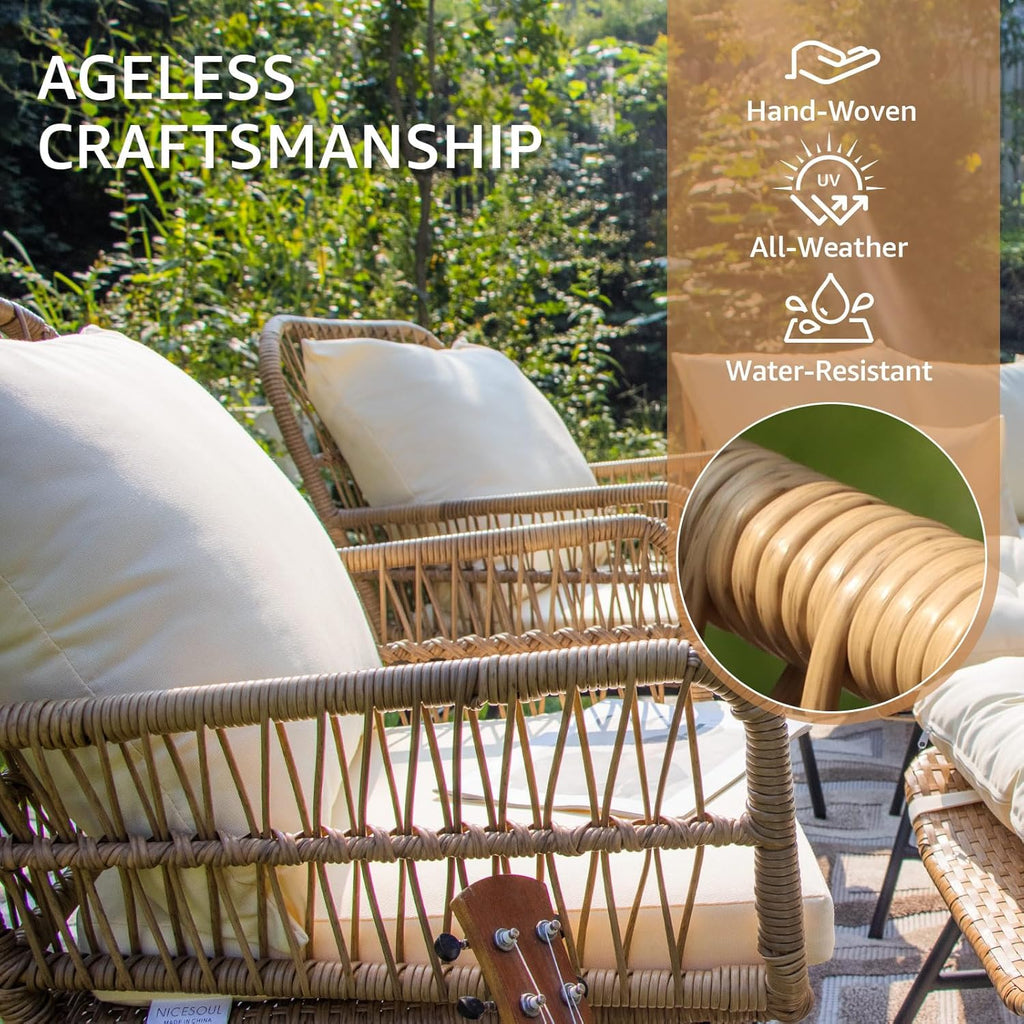 6 Pcs Boho Outdoor Patio Furniture Set, High Back L-Shaped Outdoor Couch with Ice Bucket Table
