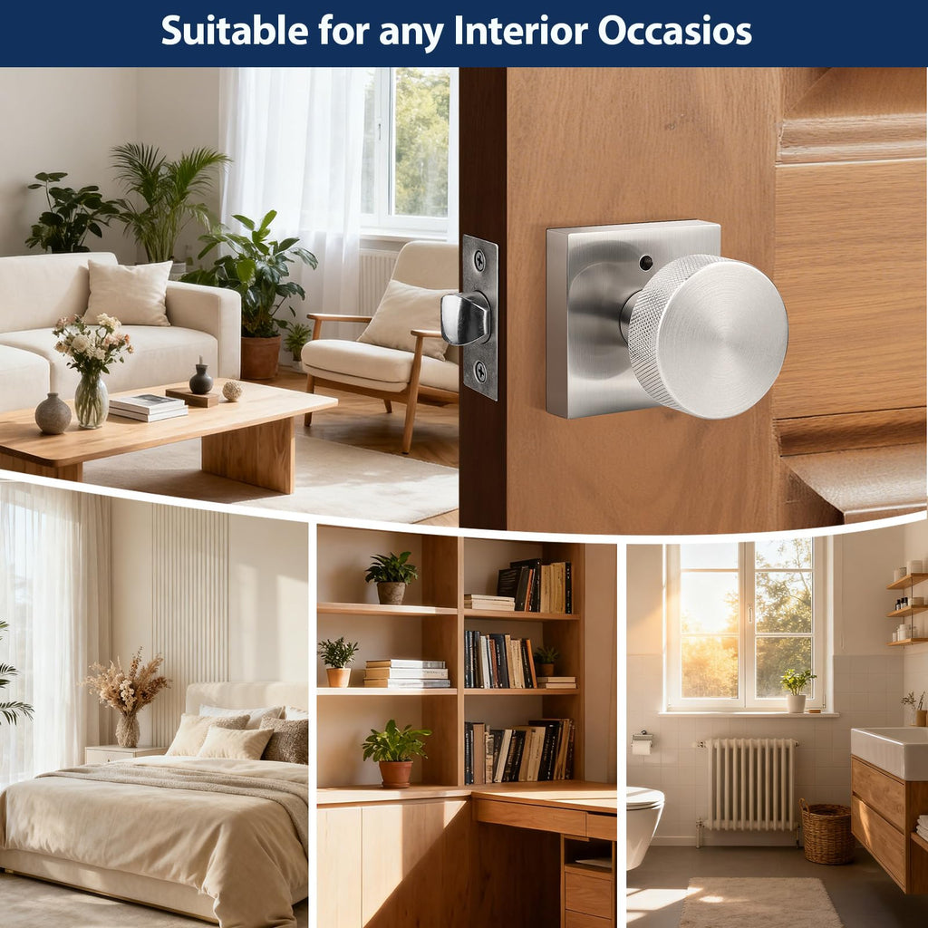 Brushed Nickel Privacy Door Knobs Interior, Zinc Alloy Keyless Stain Nickle Door Knobs with Lock , Knurled Heavy Duty