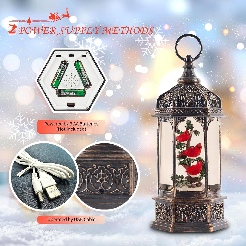 12.8" Lighted Musical Christmas Snow Globe Lantern with Three Red Cardinals in Tree, Swirling Glitter, Antique
