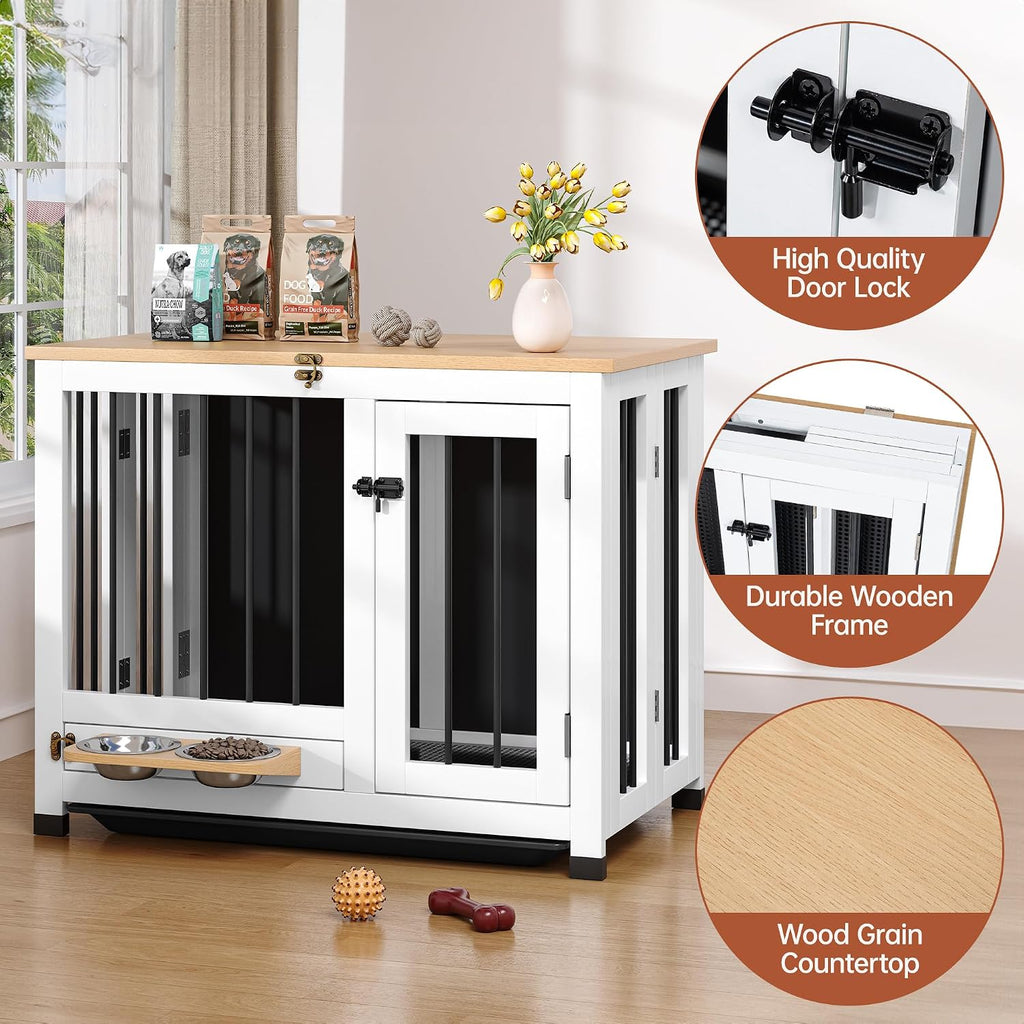 31.5" Dog Crate Furniture with Detachable Tray & 360° Rotating Feeder