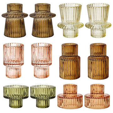 Brown Candlestick Holders 12PCS Ribbed Glass Taper Candle Holders Set for Tealight Candlestick Candles, Table