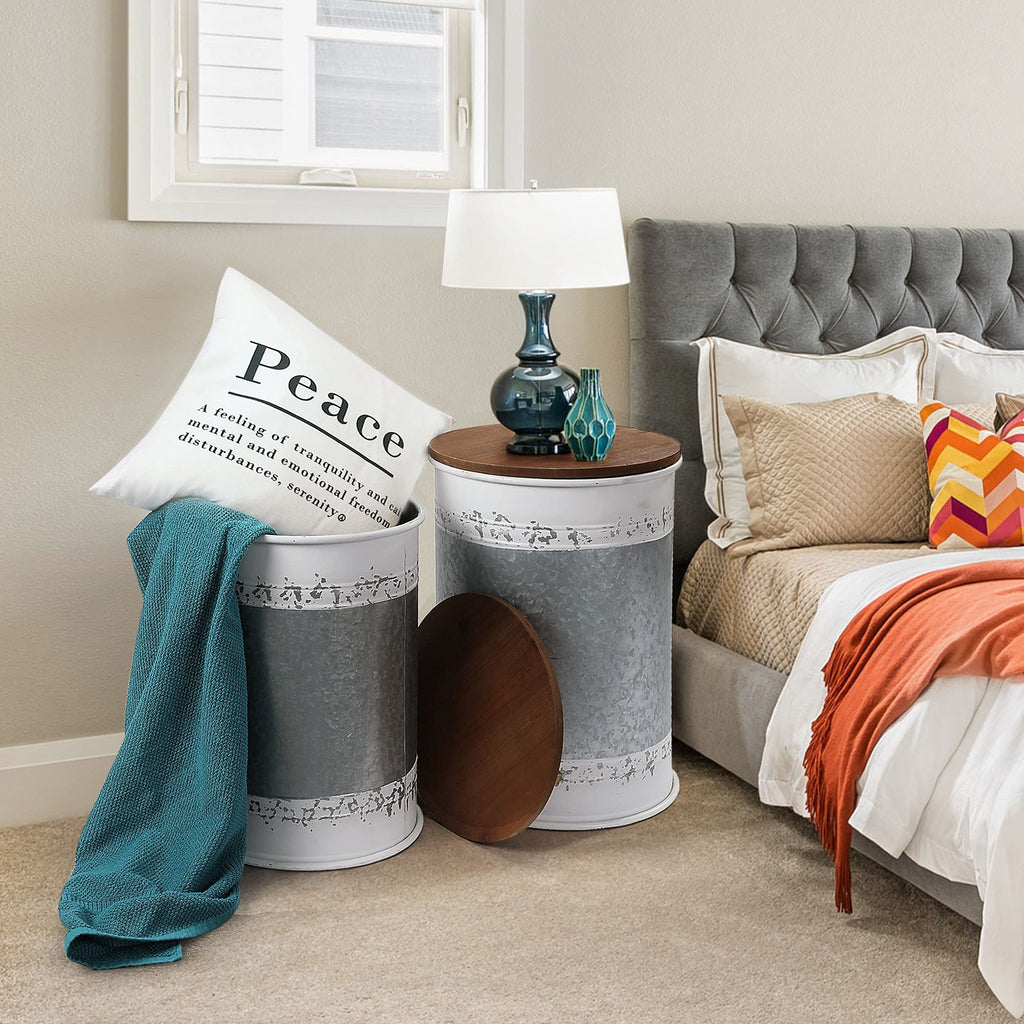 Farmhouse Accent Side Table, Set of 2 Galvanized Storage Ottoman