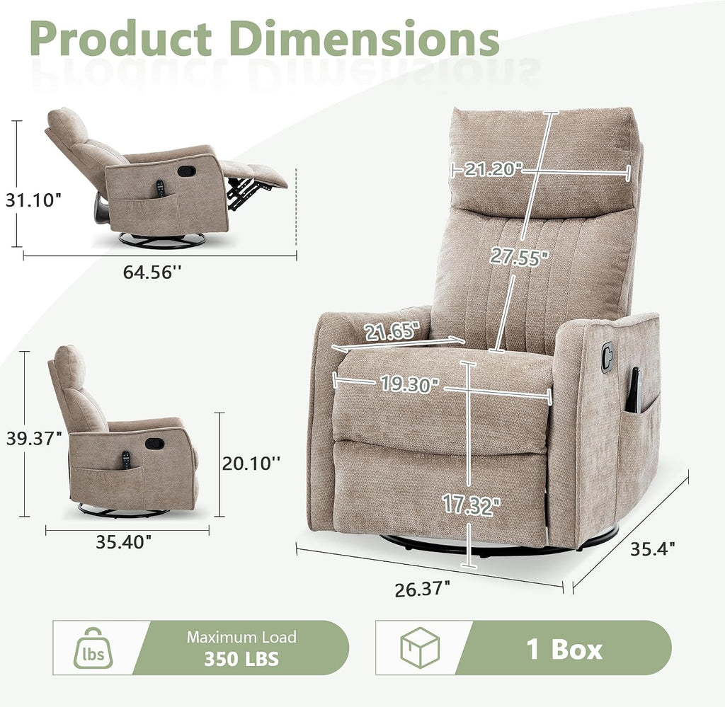 Swivel Rocker Recliner, Glider Rocker Recliner Chair , Manual Reclining Chair with Heated Massage, Small Spaces