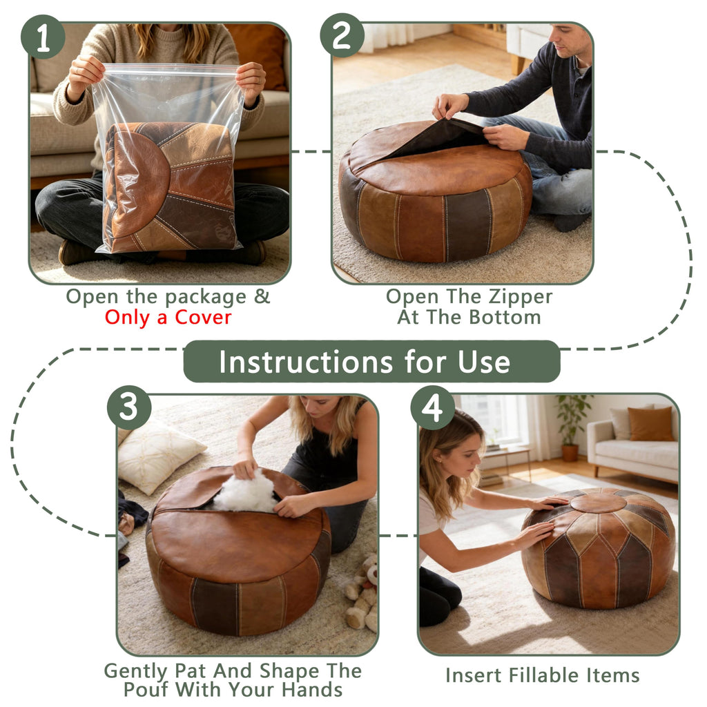 Round Unstuffed Pouf Cover, Faux Leather Storage Ottoman, Boho Moroccan Foot Stool, Multi-Purpose Home Decor and