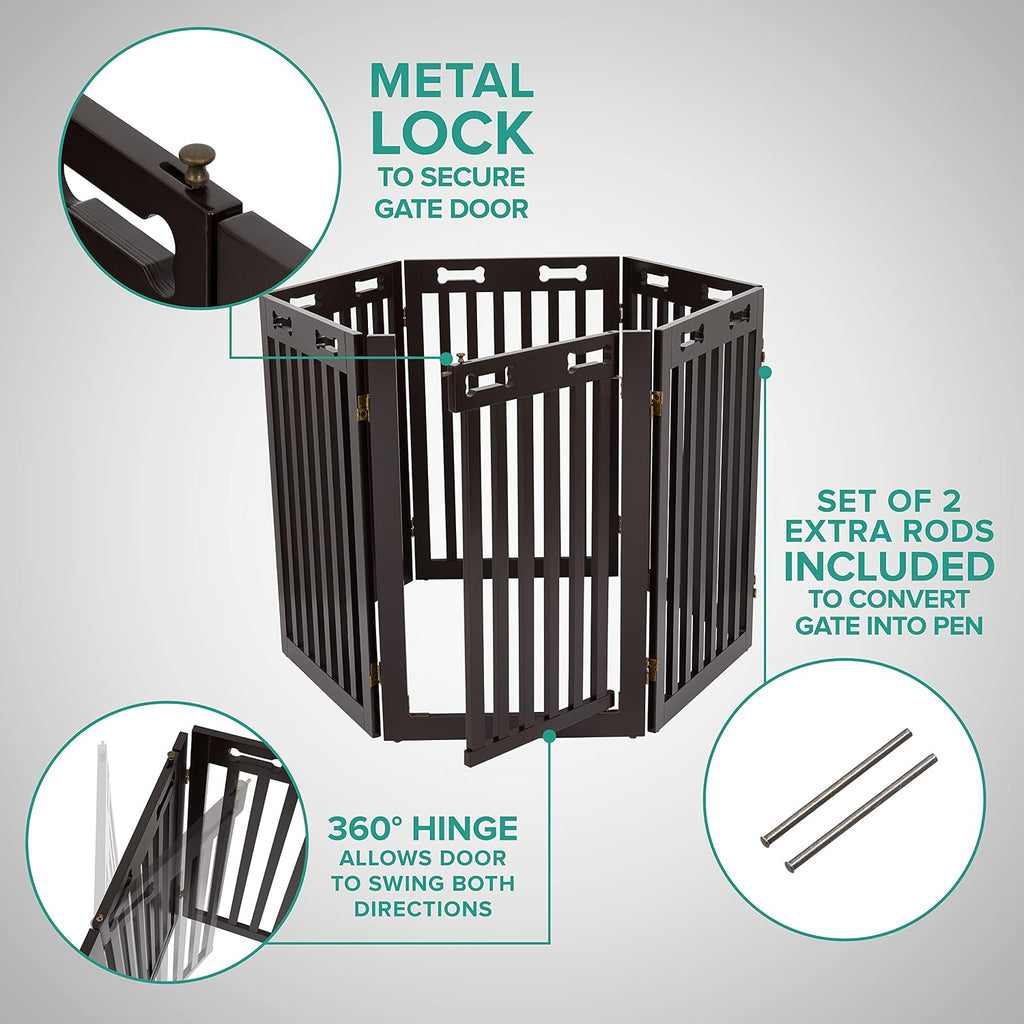 Freestanding Dog Gate with Door, 6 Panel 360° configurable Wooden Fence, 120" Wide, 31.5" Tall, Foldable, Four