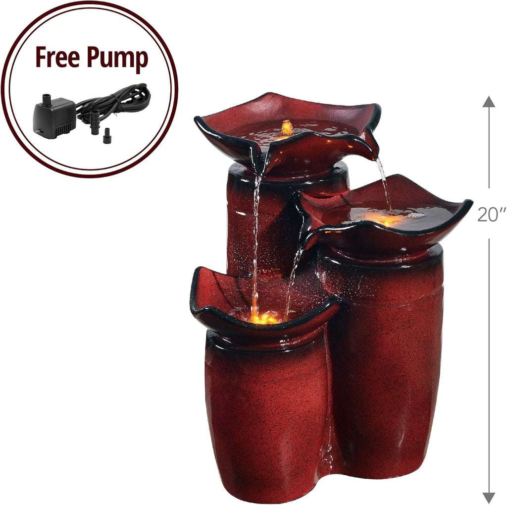 3 Tiered Floor Water Glazed Pots Fountain with LED Lights and Pump Patio Garden Backyard Decking Décor, 20 inch