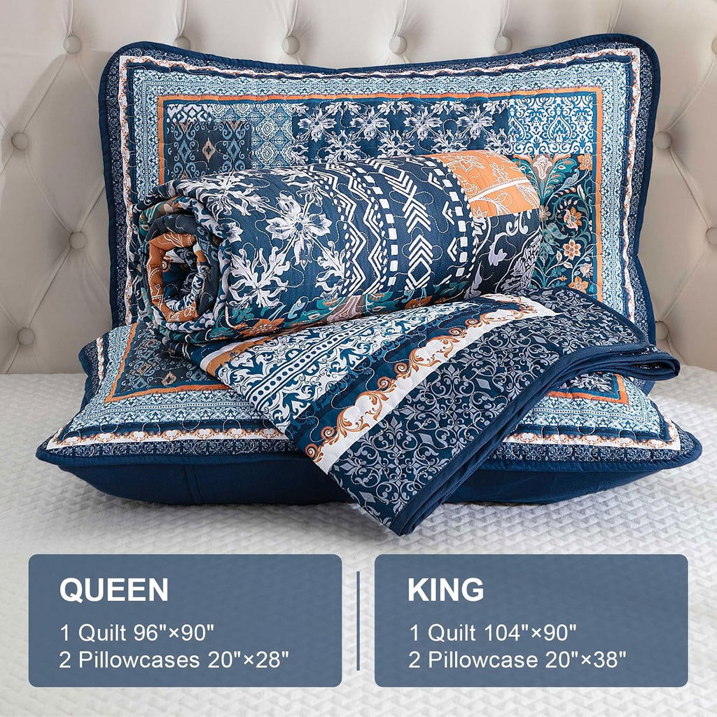 Navy Blue Quilt Set Queen,Bohemian Patchwork Bedspread Coverlet Set, Reversible Farmhouse Floral Pattern Bedspreads