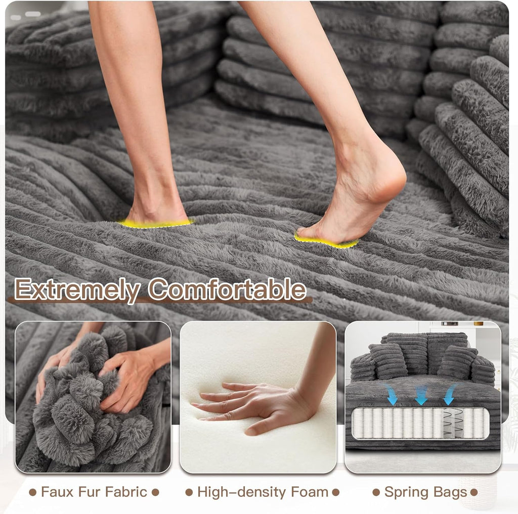 56" Oversized Chaise Lounge Chair Indoor,Plush Faux Fur Sleeper Sofa Couch Bed with Pillows&Wide Armrests,Fluffy