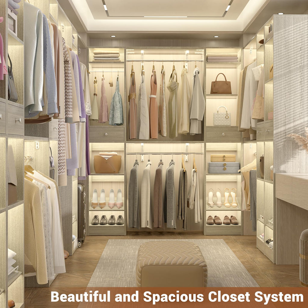 58" W - 90" W Closet System, Large Walk in Closet Organizer with 3 Hanging Rods and Shelves, Heavy Duty Wood Closet